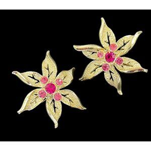 Vintage Sarah Coventry "Fashion Flower" Earrings Gold Tone Pink Rhinestone 1960s